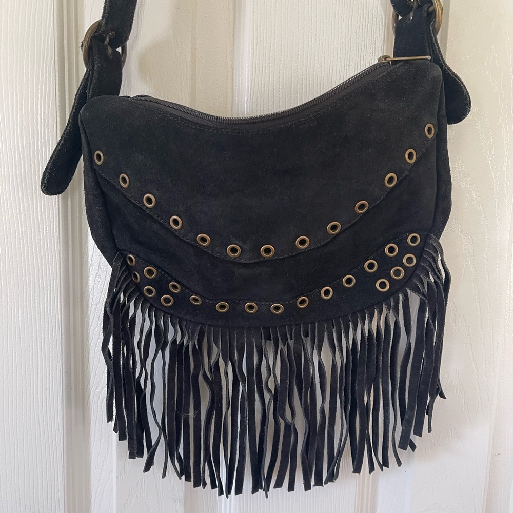 Fringed Suede Shoulder Bag - Black